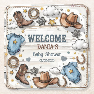 Dessous-de-verre Carré En Papier Une petite cow-boy est en route Baby Shower Wester