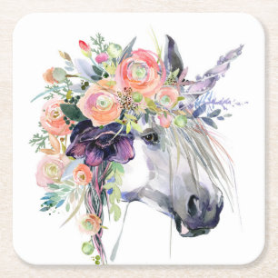 Dessous-de-verre Carré En Papier Unicorne en fleurs