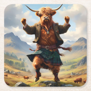 Dessous-de-verre Carré En Papier Vache des Highlands dansant le Highland Fling,