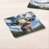 Dessous-de-verre Carré En Papier Vache joyeuse en fleur (Incliné)