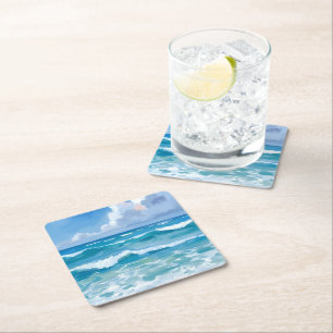 Dessous-de-verre Carré En Papier Vagues océaniques Aquarelle Mariage Plage Côtière