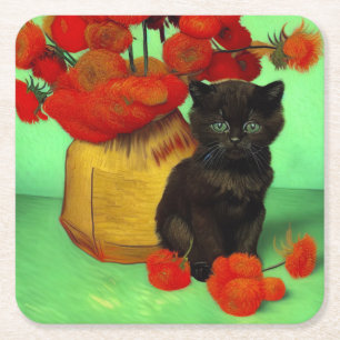 Dessous-de-verre Carré En Papier Van Gogh Black Kitten Fleurs rouges