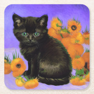 Dessous-de-verre Carré En Papier Van Gogh Kitten noir avec des tournesols