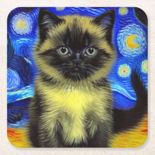 Dessous-de-verre Carré En Papier Van Gogh Starry Nuit Siamese Cat
