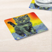 Dessous-de-verre Carré En Papier Van Gogh Style Chat Sunset Beach (Incliné)
