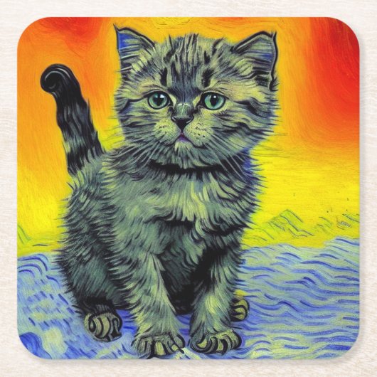 Dessous-de-verre Carré En Papier Van Gogh Style Chat Sunset Beach (Devant)
