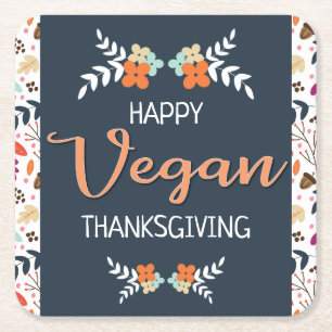Dessous-de-verre Carré En Papier Vegan Thanksgiving bleu floral avec texte orange