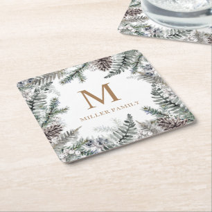 Dessous-de-verre Carré En Papier Végétation d'hiver Monogramme de vacances rouges