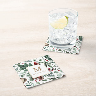 Dessous-de-verre Carré En Papier Végétation d'hiver Monogramme de vacances rouges