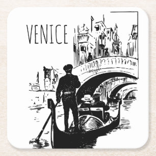 Dessous-de-verre Carré En Papier Venise Italie Gondole Noir Blanc