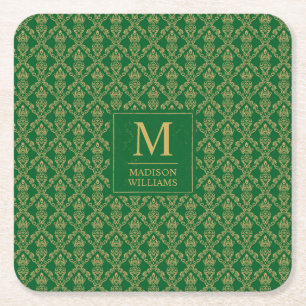 Dessous-de-verre Carré En Papier Vert émeraude et or, motif damassé sans couture