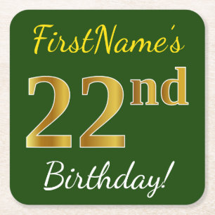 Dessous-de-verre Carré En Papier Vert, Faux Gold 22e anniversaire + Nom personnalis