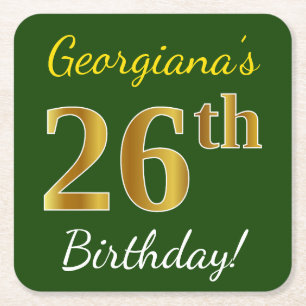 Dessous-de-verre Carré En Papier Vert, Faux Gold 26e anniversaire + Nom personnalis