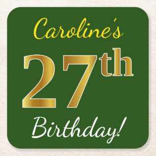 Dessous-de-verre Carré En Papier Vert, Faux Gold 27e anniversaire + Nom personnalis