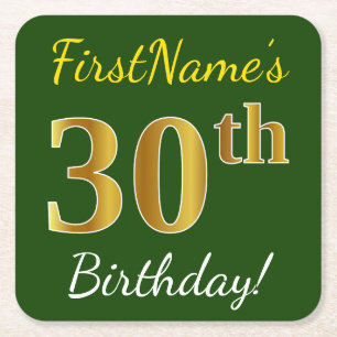 Dessous-de-verre Carré En Papier Vert, Faux Gold 30e anniversaire + Nom personnalis
