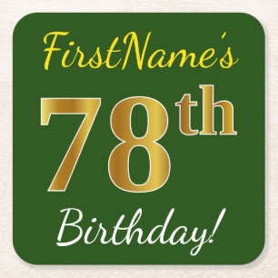 Dessous-de-verre Carré En Papier Vert, Faux Gold 78e anniversaire + Nom personnalis