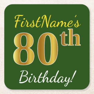Dessous-de-verre Carré En Papier Vert, Faux Gold 80e anniversaire + Nom personnalis