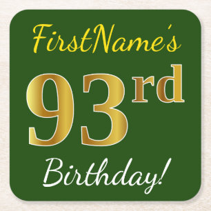 Dessous-de-verre Carré En Papier Vert, Faux Gold 93ème anniversaire + Nom personnal