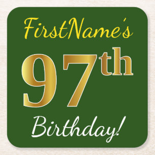 Dessous-de-verre Carré En Papier Vert, Faux Gold 97e anniversaire + Nom personnalis