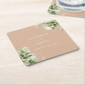 Dessous-de-verre Carré En Papier Vert floral Élégant Tan Mariage (Incliné)