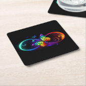 Dessous-de-verre Carré En Papier Vibrant infinity with rainbow butterfly on black (Incliné)