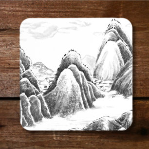 Dessous-de-verre Carré En Papier Village de montagne - encre
