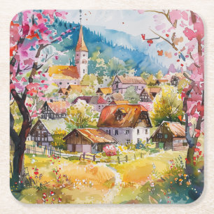 Dessous-de-verre Carré En Papier Village de printemps
