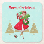 Dessous-de-verre Carré En Papier Vintage Christmas Lady présente Red Green Gold<br><div class="desc">Noël tel qu'il semblait dans les années 1950 avec cette oeuvre rétro d'une dame toute habillée en robe pleine jupe en rouge.</div>