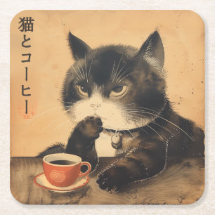Dessous-de-verre Carré En Papier Vintage Japon art chat mignon avec une tasse de ca