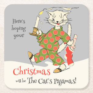 Dessous-de-verre Carré En Papier Vintage Noël Le pyjama du chat CC1273 Drôle