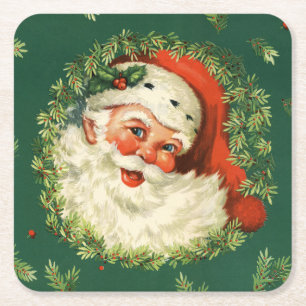 Dessous-de-verre Carré En Papier Vintage Père Noël et couronne de pin