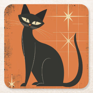Dessous-de-verre Carré En Papier Vintage Rétro MCM Chat Noir Étoiles Orange Noir
