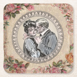 Dessous-de-verre Carré En Papier Vintage Romance Couple : Antique Rose Girly Love
