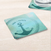 Dessous-de-verre Carré En Papier Vintage Turquoise Ancre nautique Personnalisé Mari (Incliné)