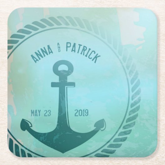 Dessous-de-verre Carré En Papier Vintage Turquoise Ancre nautique Personnalisé Mari (Devant)