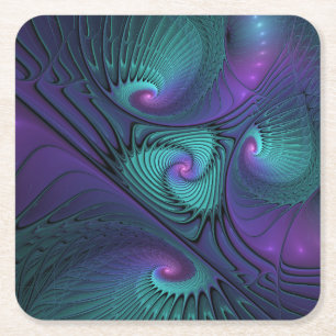 Dessous-de-verre Carré En Papier Violet Rencontre Turquoise Moderne Art Fractal Abs