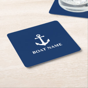 Dessous-de-verre Carré En Papier Votre nom de bateau Vintage Ancre nautique bleu ma