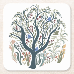 Dessous-de-verre Carré En Papier Whimsical Folk Art Forêt Tons Terre