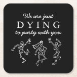 Dessous-de-verre Carré En Papier Whimsical Hand Drawn Skeletons Halloween Party<br><div class="desc">💀 Whimsical Hand-Drawn Skeletons Halloween Party Square Paper Coaster 🕸️🎃 Add a frightfully fun touch to your drink station with these whimsical Halloween coasters! Featuring playful hand-drawn skeletons on a bold black background, these square paper coasters bring charm, creepiness, and style to any spooky celebration. Perfect for Halloween parties, gothic...</div>