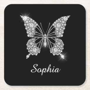 Dessous-de-verre Carré En Papier White Diamond Butterfly, DIY Script Nom, Black