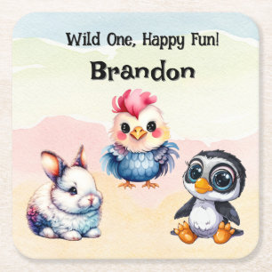 Dessous-de-verre Carré En Papier Wild One Happy Fun Woodland Animaux Aquarelle