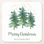 Dessous-de-verre Carré En Papier Winter Forest Merry Christmas Company<br><div class="desc">Ces étonnants dessous de verre de carré aquarelle qui disent "Joyeux Noël" et ont des pins multicolores et des étoiles de parties scintillant or et des confettis avec votre nom d'entreprise sur eux sont parfaits pour l'utilisation lors des événements d'entreprise pendant les vacances. Tout le monde va adorer le beau...</div>