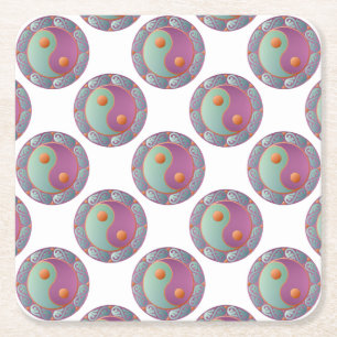 Dessous-de-verre Carré En Papier Yin Yang Médaillon Violet Turquoise