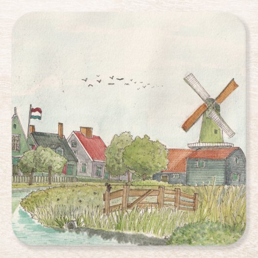 Dessous-de-verre Carré En Papier Zaanse Schans Zaandam Pays-Bas Aquarelle Poste (Devant)
