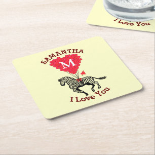 Dessous-de-verre Carré En Papier Zèbre et coeur rouge monogramme personnalisé
