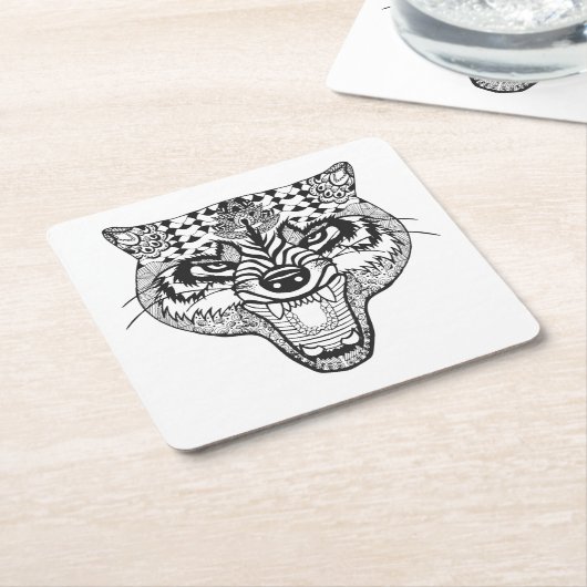 Dessous-de-verre Carré En Papier Zentangle a inspiré le loup (Incliné)