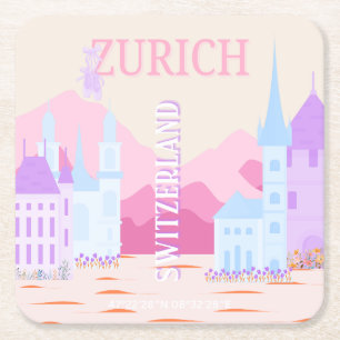 Dessous-de-verre Carré En Papier Zurich Travel Art, Suisse, Pink Preppy Travel