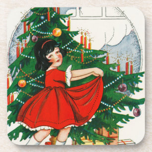 Dessous-de-verre Carte de Noël rétro, enfant et sapin de Noël