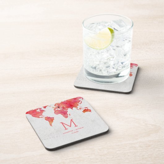 Dessous-de-verre Carte du monde aquarelle Destination Mariage Monog (Côté Droit)