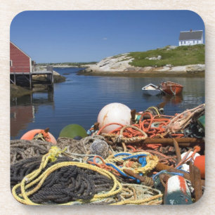 Dessous-de-verre Casiers à homards, bouées et cordes sur le quai à